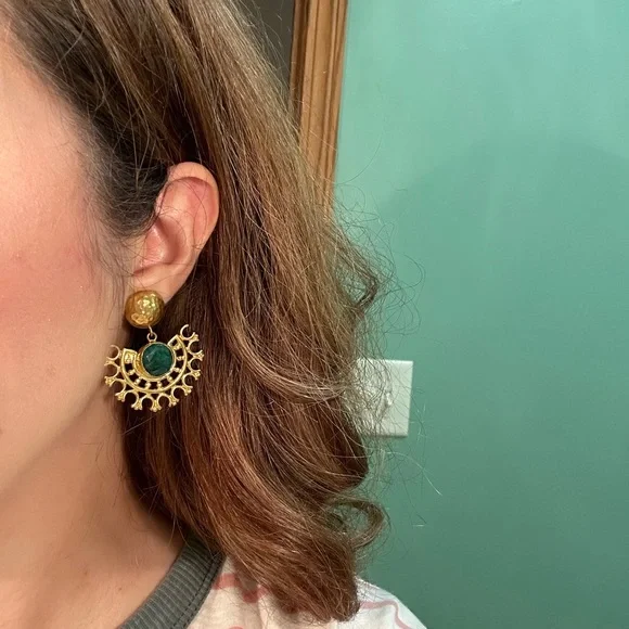 Emerald and Gold Handmade Chandelier Earrings - Picture 6 of 8